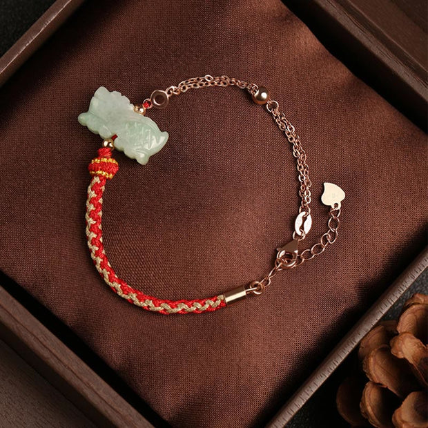 Buddha Stones 925 Sterling Silver Year of the Dragon Chinese Zodiac Jade Luck String Chain Bracelet