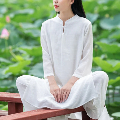 Buddha Stones 2Pcs White Tai Chi Meditation Yoga Zen Cotton Linen Clothing Top Pants Women's Set