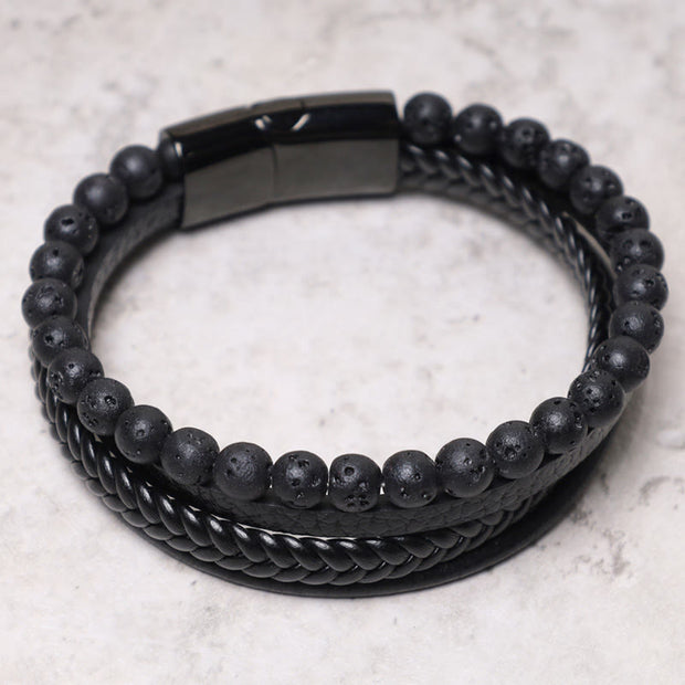 Buddha Stones Natural Lava Rock Black Onyx Bead Leather Bracelet Bracelet BS 7