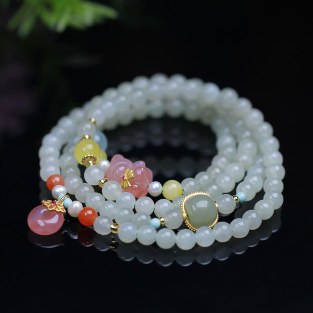 Buddha Stones Natural Hetian Jade Pink Crystal Peace Buckle Happiness Abundance Bracelet Bracelet BS 1