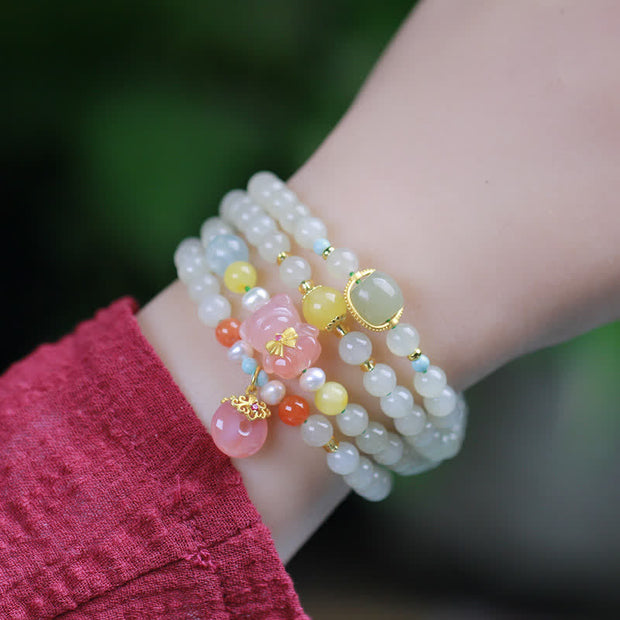 Buddha Stones Natural Hetian Jade Pink Crystal Peace Buckle Happiness Abundance Bracelet Bracelet BS 2
