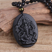 Buddha Stones Tibetan Obsidian Ganesh Ganpati Elephant Wealth Amulet Necklace Necklace BS 1