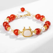 Buddha Stones 14K Gold Plated Year Of The Dragon Natural Red Agate Pearl Protection Fu Character Chain Bracelet Bracelet BS Red Agate White Liuli Glass(Wrist Circumference 14-19cm)