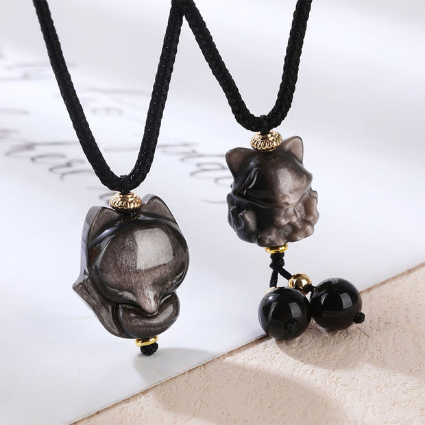 Buddha Stones Natural Silver Sheen Obsidian Nine Tailed Fox Protection Necklace Pendant
