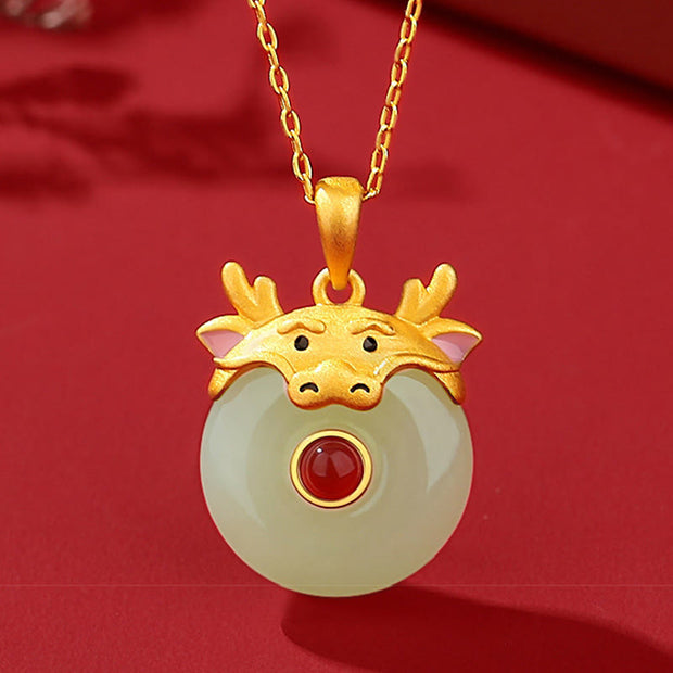 Buddha Stones 925 Sterling Silver Hetian Jade Chinese Zodiac Year of the Dragon Red Agate Luck Protection Necklace Pendant Necklaces & Pendants BS 5