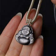 Buddha Stones Natural Silver Sheen Obsidian Laughing Buddha Protection Necklace Pendant Necklaces & Pendants BS 1