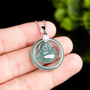 Buddha Stones 925 Sterling Silver Natural Jade Round Laughing Buddha Abundance Chain Necklace Pendant
