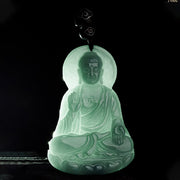 Buddha Stones Amitabha Buddha Natural Jade Lotus Amulet Compassion String Necklace Pendant Necklaces & Pendants BS 7