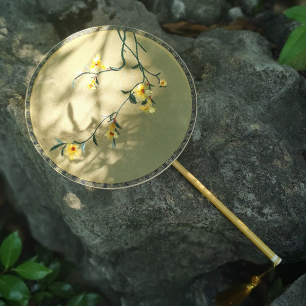 Buddha Stones Lotus Flowers White Crane Auspicious Clouds Double-sided Embroidered Handheld Silk Fan