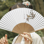 Buddha Stones Bird Flowers Orchid Handheld Paper Bamboo Folding Fan