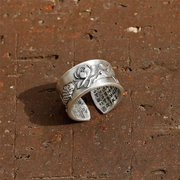 Buddha Stones 999 Sterling Silver Luck Koi Fish Lotus Heart Sutra Wealth Ring Ring BS 9
