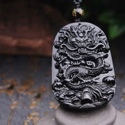 Buddha Stones Black Obsidian Stone Dragon Fulfilment Pendant Necklace Necklaces & Pendants BS 9