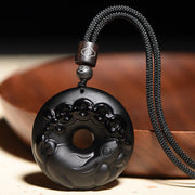 Buddha Stones Chinese Zodiac Natural Black Obsidian Peace Buckle Strength Necklace Pendant Necklaces & Pendants BS Rabbit