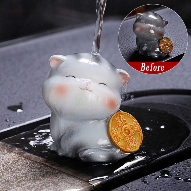 Buddha Stones Color Changing Cute Mini Cat Resin Tea Pet Wealth Home Figurine Decoration Decorations BS Gray Cat 5.8*5*5.4cm