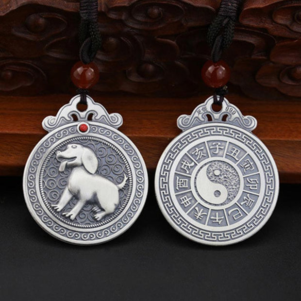 Buddha Stones 999 Sterling Silver Chinese Zodiac Yin Yang Balance Necklace Pendant Necklaces & Pendants BS Dog