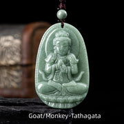 Buddha Stones Chinese Zodiac Natal Buddha Natural Jade Wealth Prosperity Necklace Pendant Necklaces & Pendants BS Goat/Monkey-Tathagata