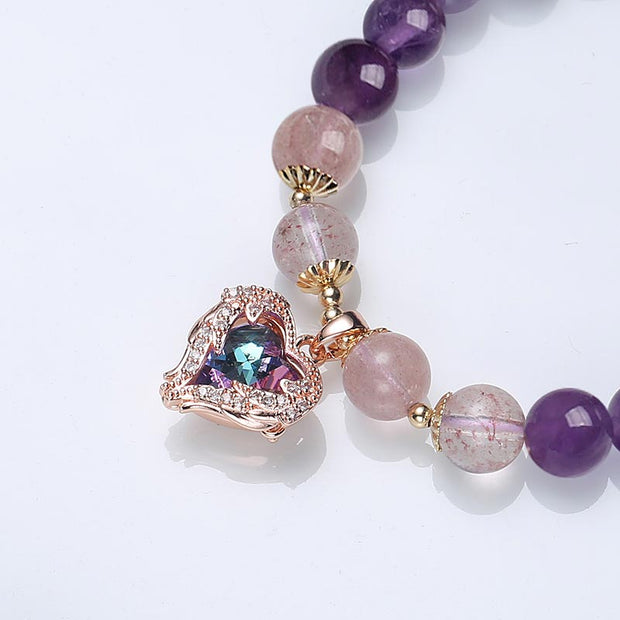 Buddha Stones Natural Amethyst Strawberry Quartz Crystal Fortune Bracelet Bracelet BS 2