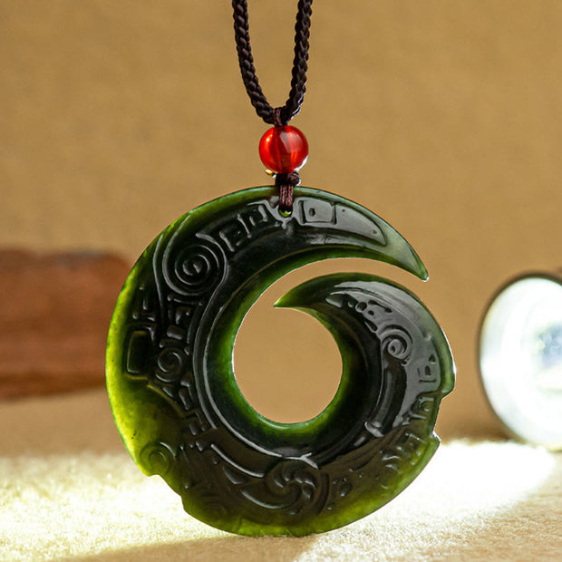 Buddha Stones One's Luck Improves Design Patern Natural Hetian Cyan Jade Success Necklace Pendant Necklaces & Pendants BS 6