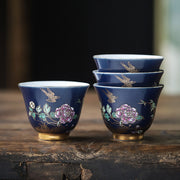 Buddha Stones Golden Magpie Peony Flower Ceramic Teacup Kung Fu Tea Cup