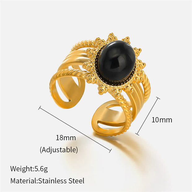 Buddha Stones 18K Gold Plated Black Obsidian Titanium Steel Strength Ring Ring BS 7