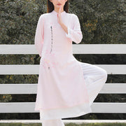 Buddha Stones 2Pcs Lotus Pattern Tai Chi Meditation Yoga Cotton Linen Clothing Top Pants Women's Set Clothes BS Pink Top&White Pants XXL