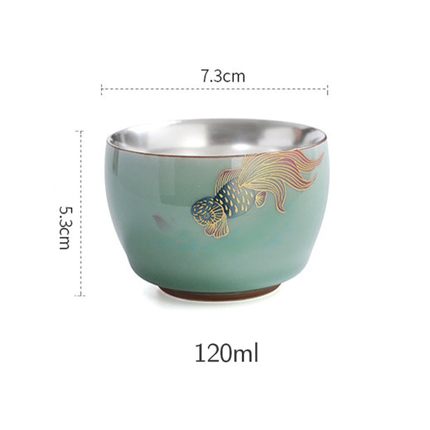 Buddha Stones 999 Sterling Silver Gilding Butterfly Goldfish Lotus Koi Fish Ceramic Teacup Kung Fu Tea Cup 120ml Cup BS 9