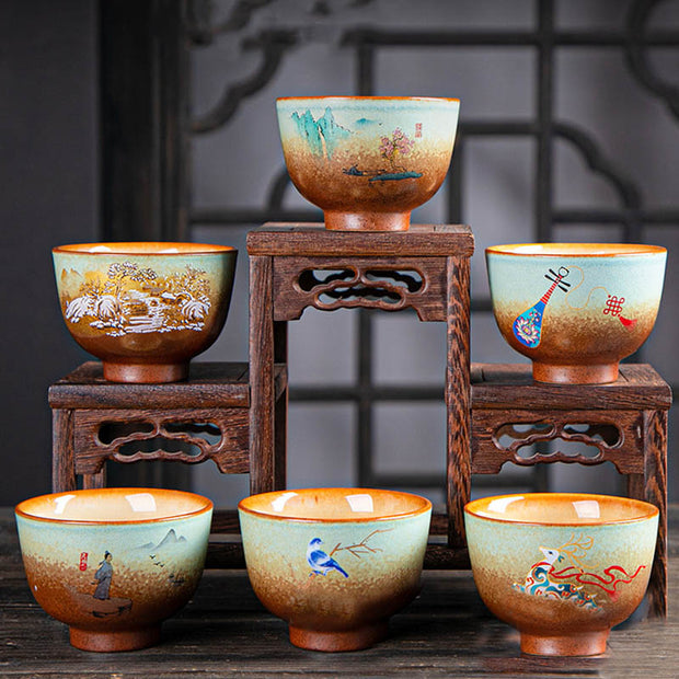 Buddha Stones Colorful Deer Pipa Snow Plum Blossoms Mountains Rivers Bird Ceramic Teacup Kung Fu Tea Cup Bowl