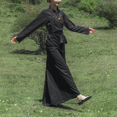 Buddha Stones Tibetan Long Sleeve Dress Lhasa Black Long Wrap Dress Maxi Dress Women Clothing