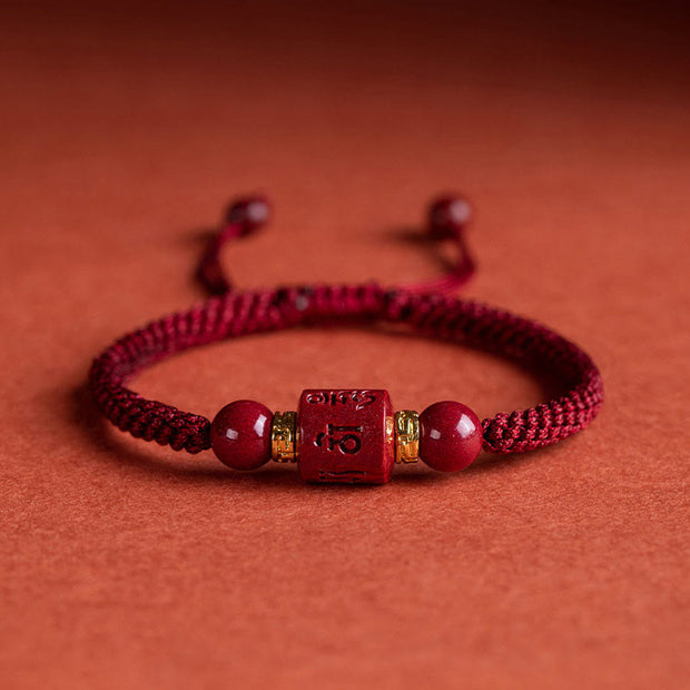 Buddha Stones Tibet Cinnabar Om Mani Padme Hum Engraved Blessing Braided Bracelet Bracelet BS Red Rope(Wrist Circumference 14-18cm)