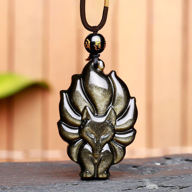 Buddhastoneshop Natural Rainbow Obsidian Gold Sheen Obsidian Nine Tailed Fox Positive Necklace Pendant