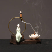 Buddha Stones Ceramic Lotus Healing Meditation Incense Burner Decoration Decorations Incense Burner BS Cyan Book