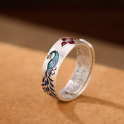 Buddha Stones 999 Sterling Silver Peacock Auspicious Clouds Engraved Lotus Flower Fortune Ring