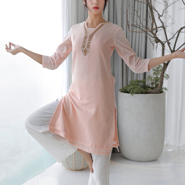Buddha Stones 2Pcs Tai Chi Meditation Yoga Cotton Clothing Top Pants Women's Set Clothes BS Pink(Top&Pants) XXL