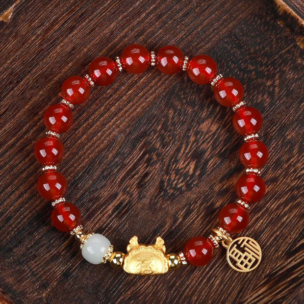 Buddha Stones Year Of The Dragon Red Agate Gray Agate Dumpling Luck Fu Character Bracelet Bracelet BS 5