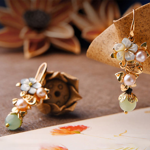 Buddha Stones 14K Gold Plated Tridacna Stone Flower Pearl Green Aventurine Bead Drop Earrings Earrings BS 1