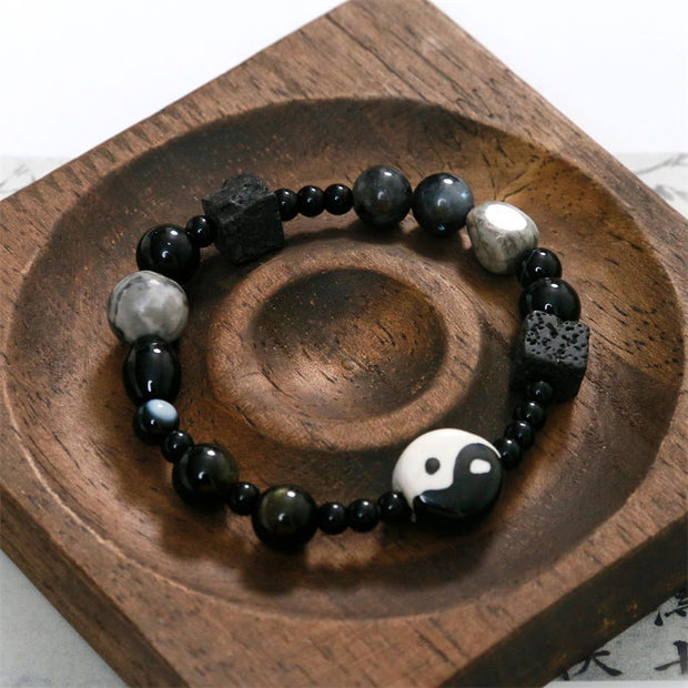 Buddha Stones Black Onyx Picasso Jasper Bead Yin Yang Fortune Protection Bracelet Bracelet BS 14