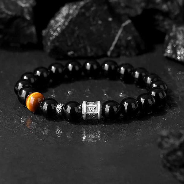 Buddha Stones 999 Sterling Silver Black Obsidian Tiger Eye Om Mani Padme Hum Fulfillment Bracelet Bracelet BS Black Obsidian(Wrist Circumference 18-20cm)