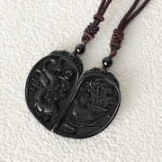 Buddha Stones Black Obsidian Love Dragon Phoenix Protection Necklace Pendant Necklaces & Pendants BS 5