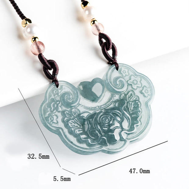 Buddha Stones Natural Jade Peony Flower Lock of Good Wishes Prosperity Necklace Pendant