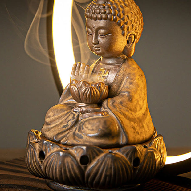 Buddha Stones Buddha Lotus Backflow Smoke Fountain Ceramic Blessing Incense Burner With Light Decoration Incense Burner BS 10