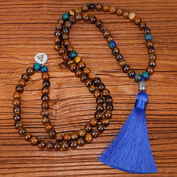 Buddha Stones 108 Mala Beads Tiger Eye Buddha Strength Bracelet Tassel Necklace Pendant