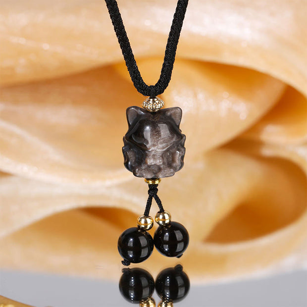Buddha Stones Natural Silver Sheen Obsidian Nine Tailed Fox Protection Necklace Pendant Necklaces & Pendants BS Nine Tailed Fox