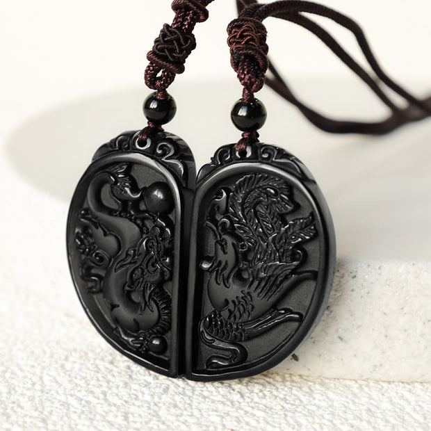 Buddha Stones Black Obsidian Love Dragon Phoenix Protection Necklace Pendant Necklaces & Pendants BS 3