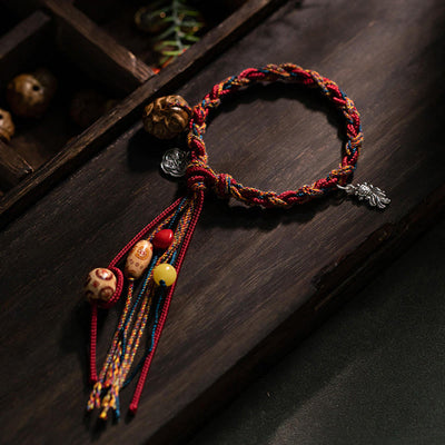 Buddha Stones Tibetan Handmade Colorful Thread 925 Sterling Silver Koi Fish Protection Strength String Bracelet