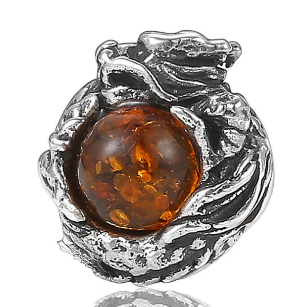 Buddha Stones 925 Sterling Silver Natural Amber Dragon Success Protection Stud Earring Earrings BS 13