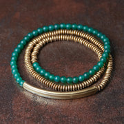 Buddha Stones Tibetan Various Agate Stone Copper Protection Triple Wrap Bracelet Bracelet BS 18cm Green Agate