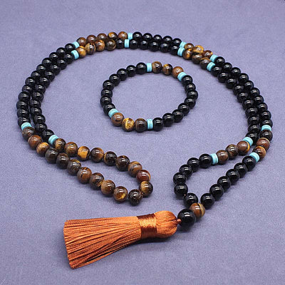 Buddha Stones Tibetan Black Onyx Peaceful Mala Set Mala Bracelet BS Bracelet + Mala