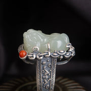 Buddha Stones 925 Sterling Silver Hetian White Jade PiXiu Luck Protection Ring Ring BS 2