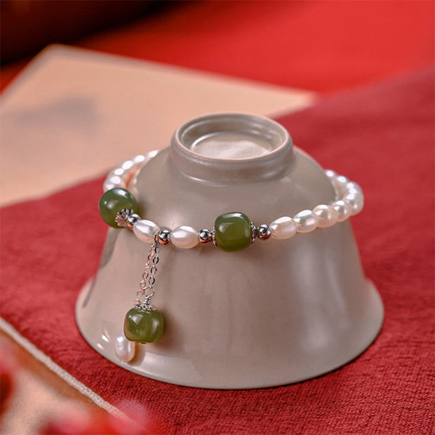Buddha Stones 925 Sterling Silver Natural Pearl Hetian Jade Healing Bracelet Bracelet BS 10