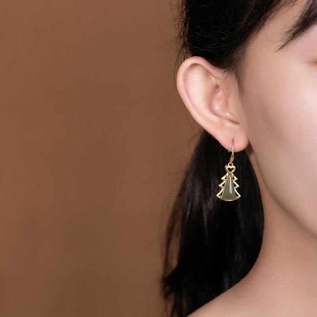 Buddha Stones 925 Sterling Silver Hetian Cyan Jade Christmas Tree Luck Dangle Earrings Earrings BS 2